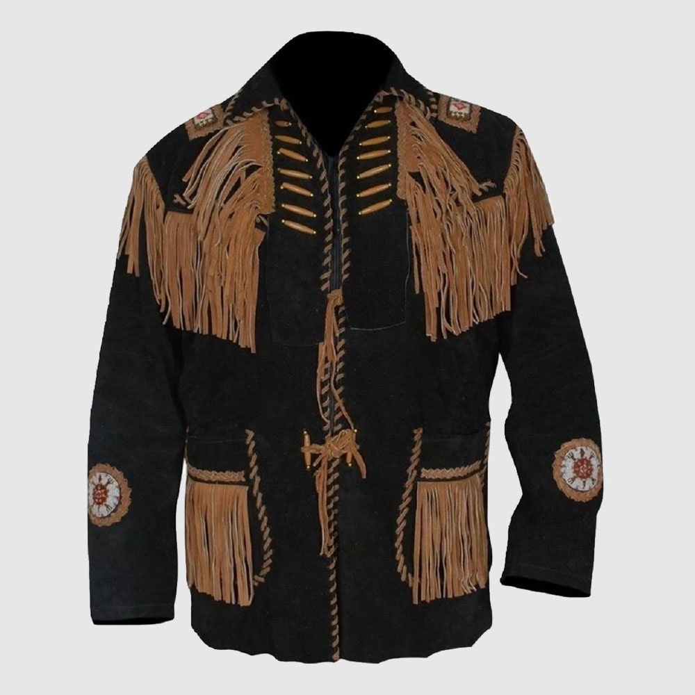 Men's Western coat cowboy suede leather jacket with Fringes Black