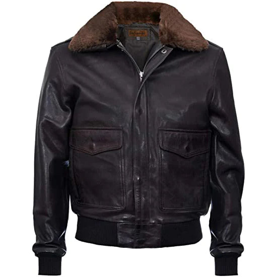 A men's black leather bomber jacket with a brown faux-fur collar, featuring a front zipper, two flap pockets, and ribbed knit cuffs and hem.