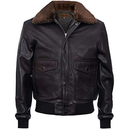 A men's black leather bomber jacket with a brown faux-fur collar, featuring a front zipper, two flap pockets, and ribbed knit cuffs and hem.