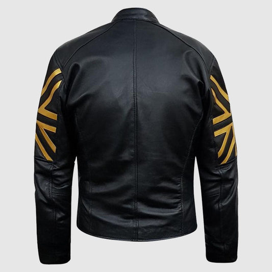 Mens Black & Gold UK Flag biker Leather Jacket