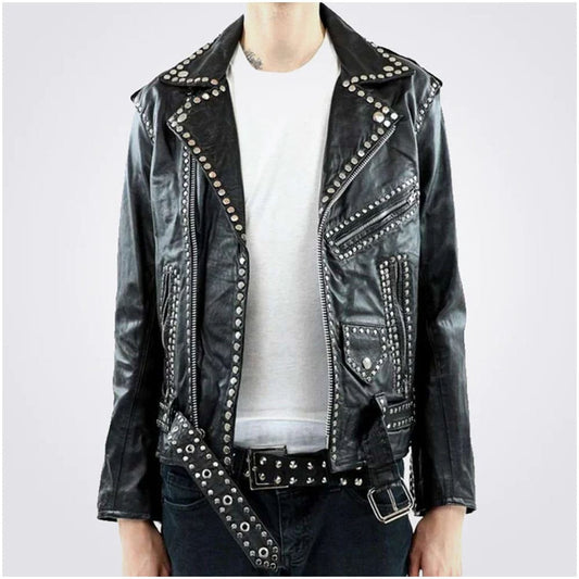 Men's Black Leather Party Jacket with Studs