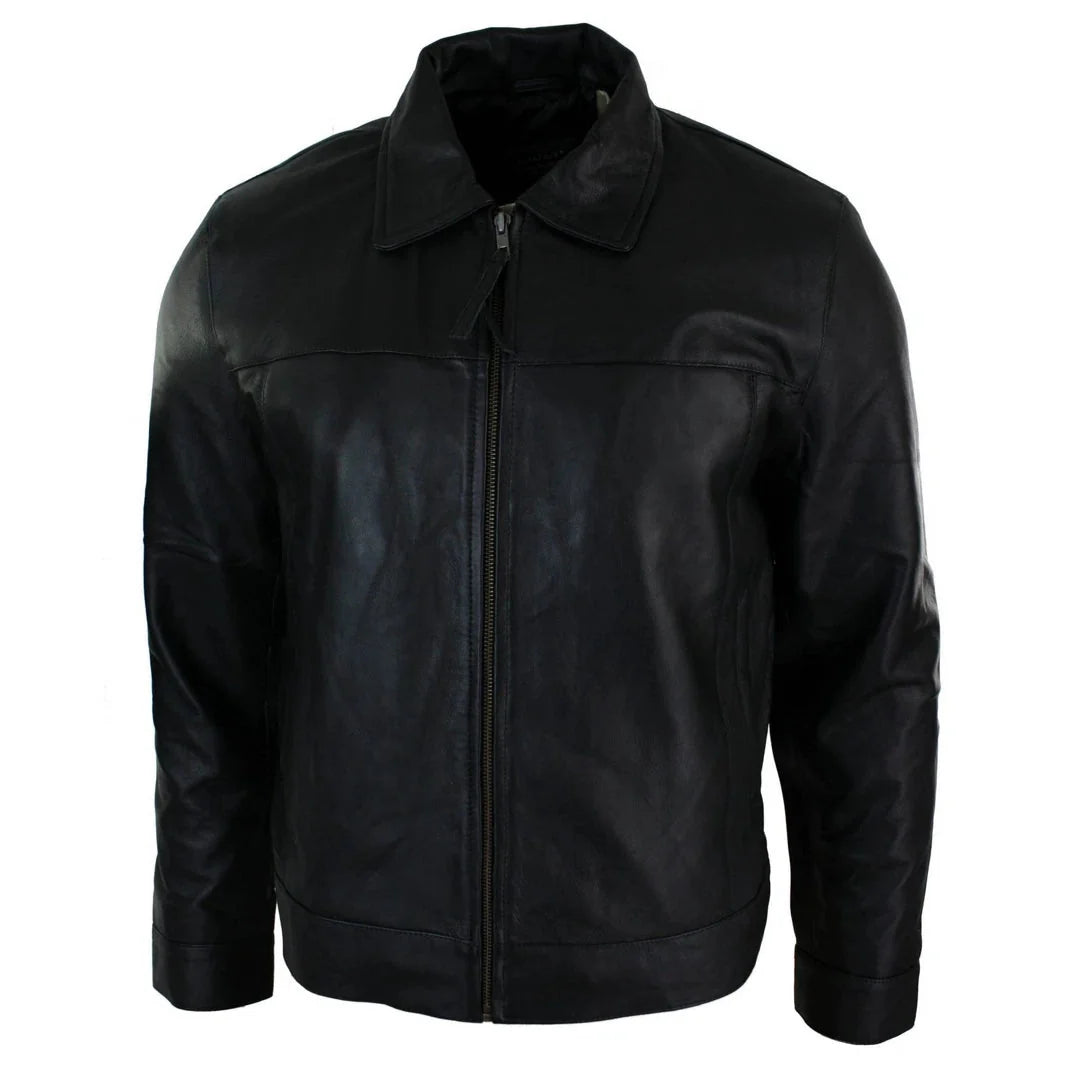 A black leather jacket with a front zipper, collar, and zippered chest pocket, shown on a plain white background.