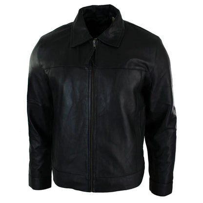 A black leather jacket with a front zipper, collar, and zippered chest pocket, shown on a plain white background.