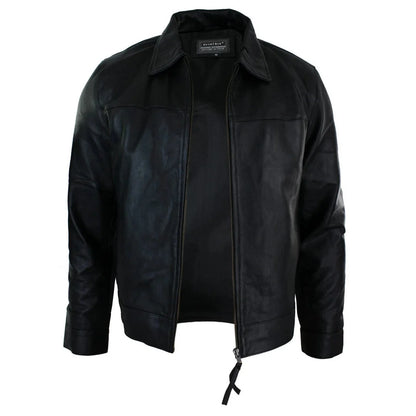 A black leather jacket with a front zipper, collar, and drawstring hem, shown against a plain white background.