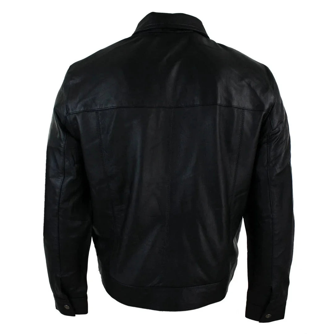 Black leather jacket shown from the back, featuring a classic collar, long sleeves, and a smooth textured finish on a plain white background.