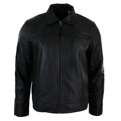 A black leather jacket with a full front zipper, a stand-up collar, and zippered chest pockets, shown against a plain white background.