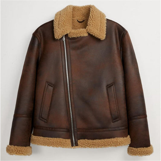 Brown Real Leather Shearling Fur Bomber B3 RAF Aviator Jacket