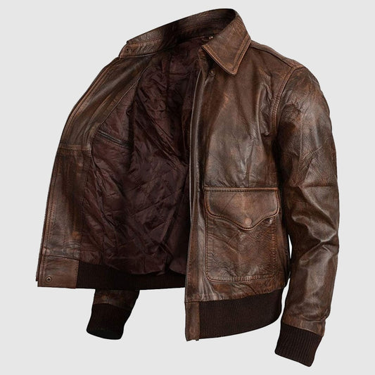 Men's Flight Bomber Air Force Brown Sheepskin Distressed Leather Jacket