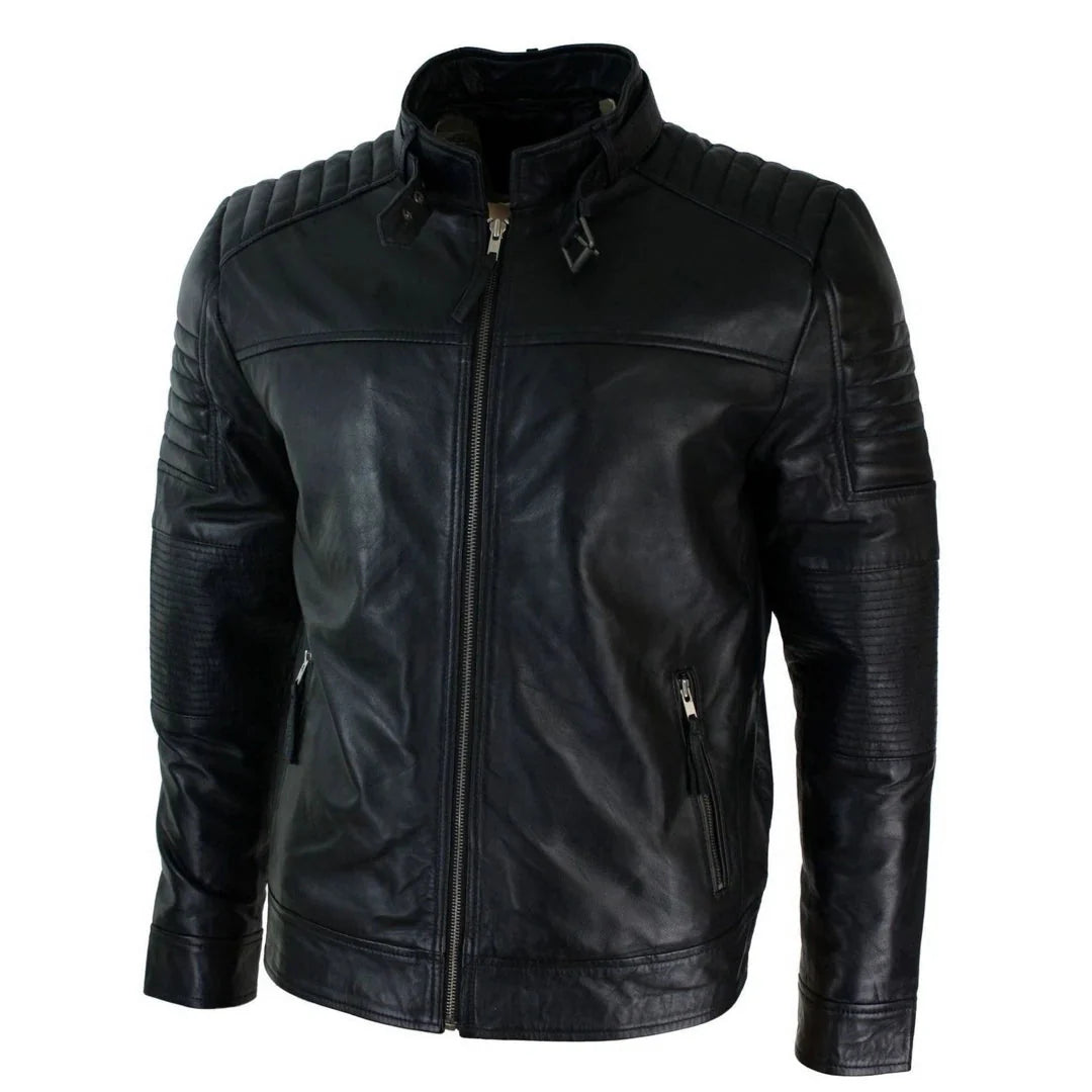 A black leather motorcycle jacket with a stand collar, front zipper, quilted shoulder panels, and ribbed sleeve cuffs, shown on a plain white background.