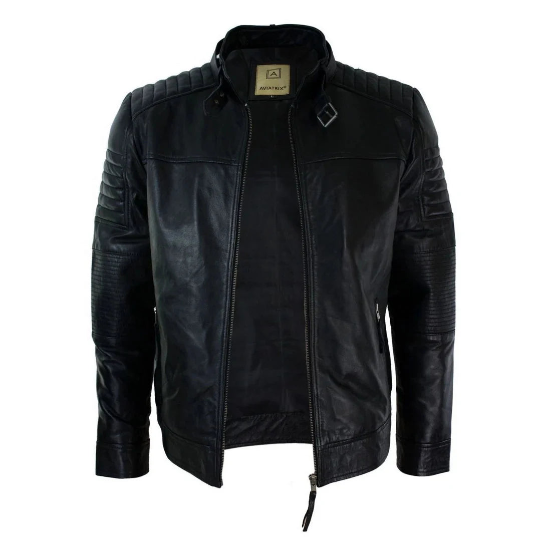 A black leather motorcycle jacket with quilted shoulder panels, ribbed sleeves, and a front zipper, shown on a plain white background.