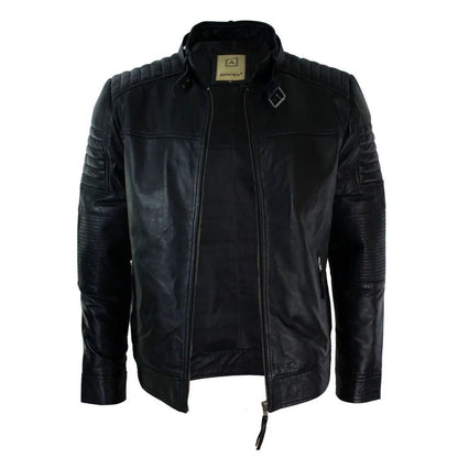 A black leather motorcycle jacket with quilted shoulder panels, ribbed sleeves, and a front zipper, shown on a plain white background.