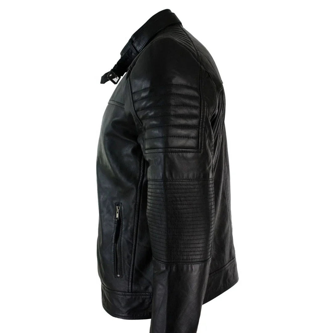 A black leather motorcycle jacket shown from a side profile view against a plain white background.