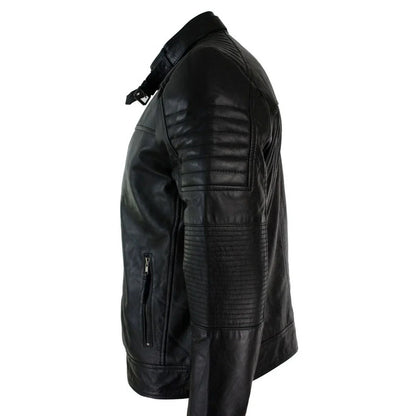 A black leather motorcycle jacket shown from a side profile view against a plain white background.