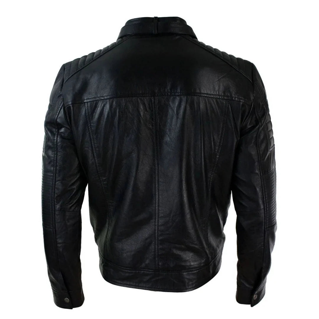 Black leather jacket shown from the back, featuring a high collar, shoulder stitching, and zippered sleeve sections, photographed against a plain white background.