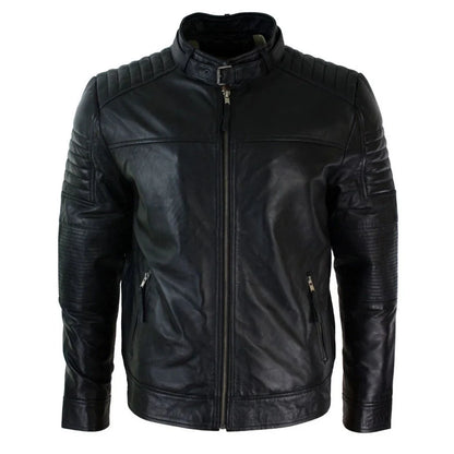 A black leather motorcycle jacket with a stand collar, front zipper, and ribbed sleeve panels, shown on a plain white background.