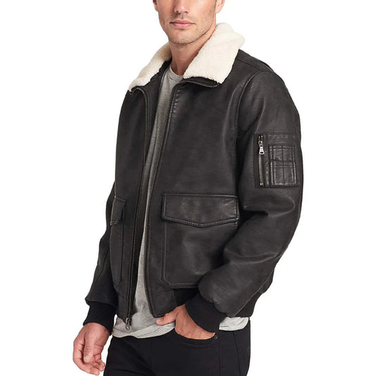 Black leather jacket with white fur lining on a white background