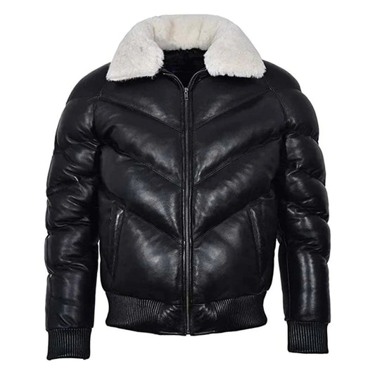 Men's Leather V Bomber Puffer Winter Jacket with Fur Collar