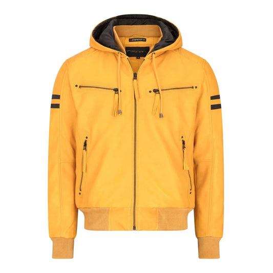 Men's Hooded Leather Bomber Jacket Yellow