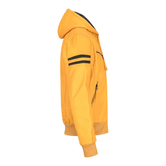 Men's Hooded Leather Bomber Jacket Yellow