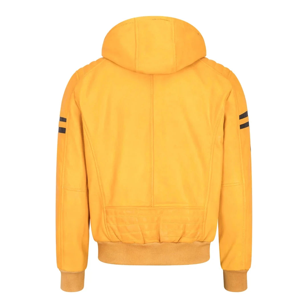 Men's Hooded Leather Bomber Jacket Yellow