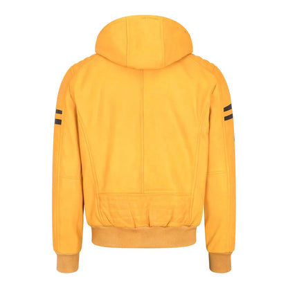 Men's Hooded Leather Bomber Jacket Yellow