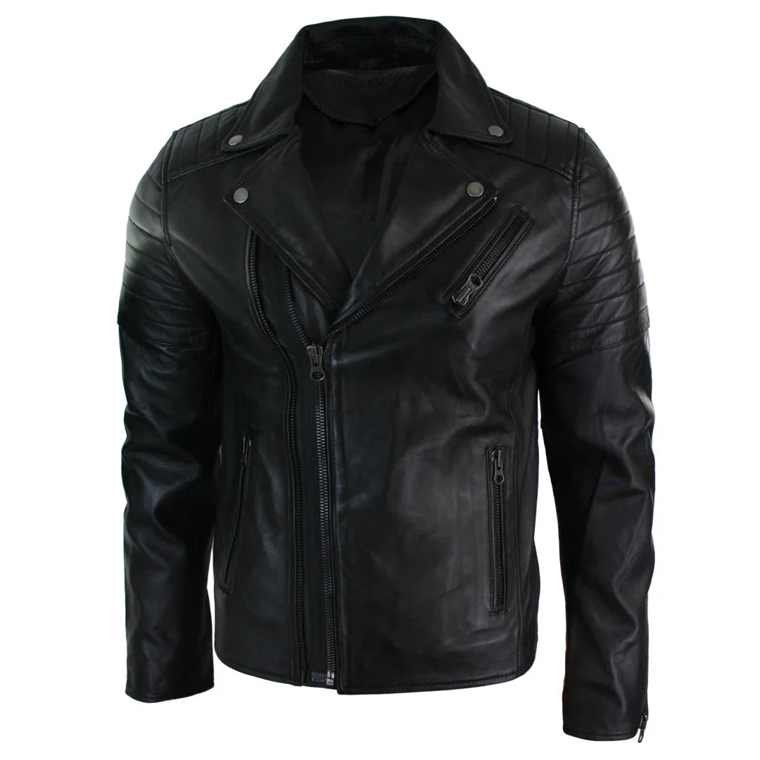 A black leather motorcycle jacket with an asymmetrical zipper, ribbed shoulder panels, and zippered pockets, shown on a plain white background.
