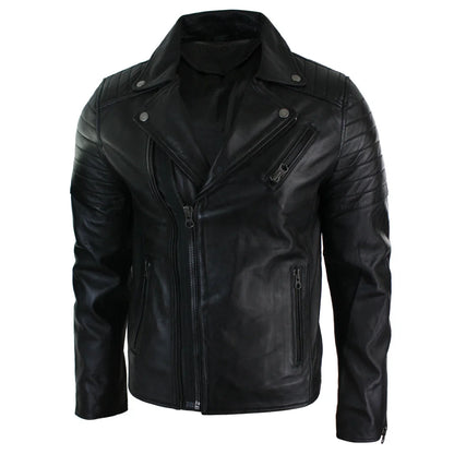 A black leather motorcycle jacket with an asymmetrical zipper, ribbed shoulder panels, and zippered pockets, shown on a plain white background.