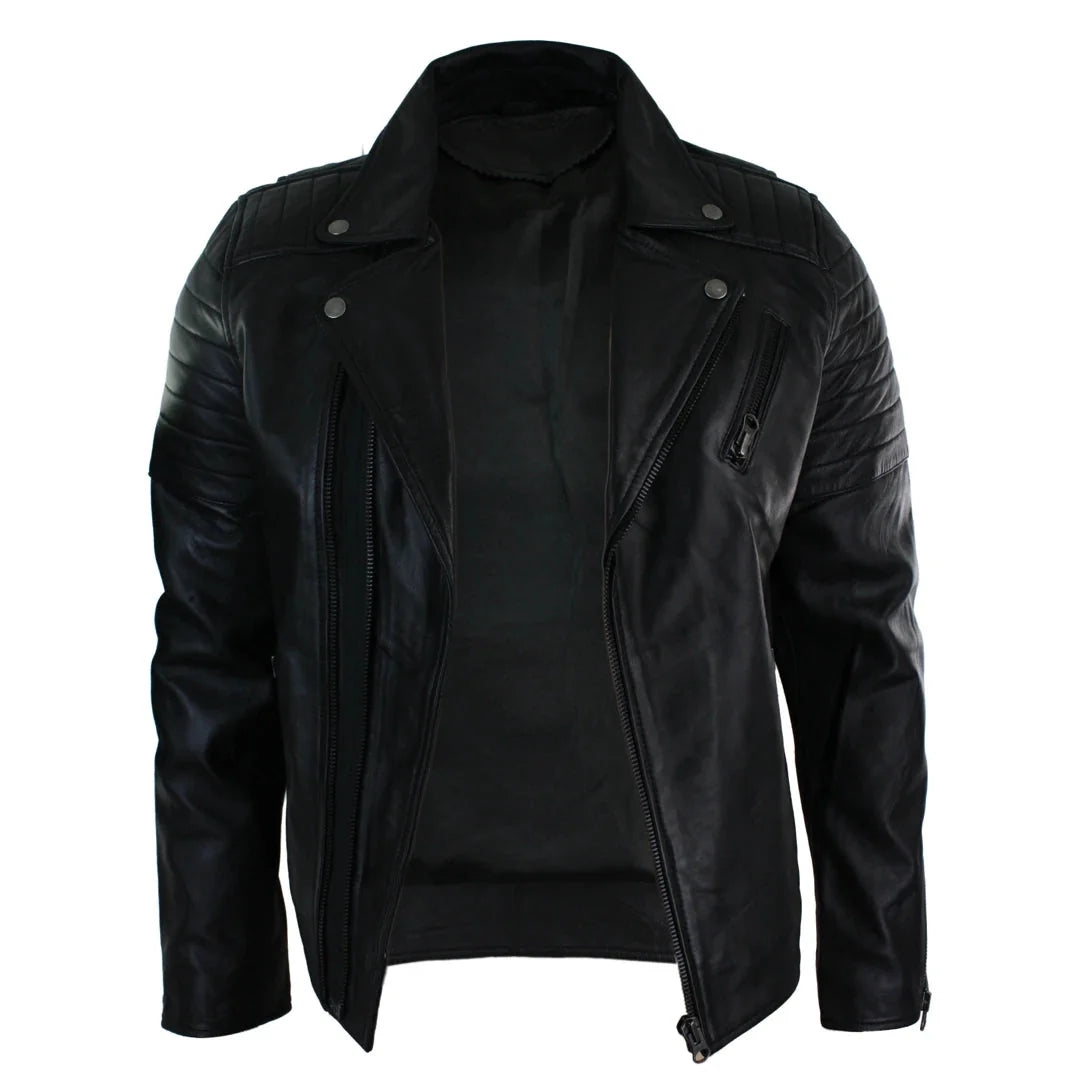 A black faux leather motorcycle jacket with quilted shoulder panels, a front zipper, and silver snap buttons, displayed on a solid white background.