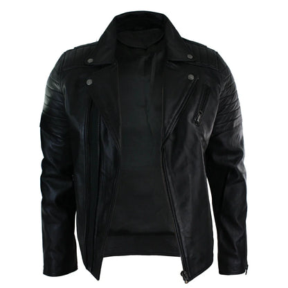 A black faux leather motorcycle jacket with quilted shoulder panels, a front zipper, and silver snap buttons, displayed on a solid white background.