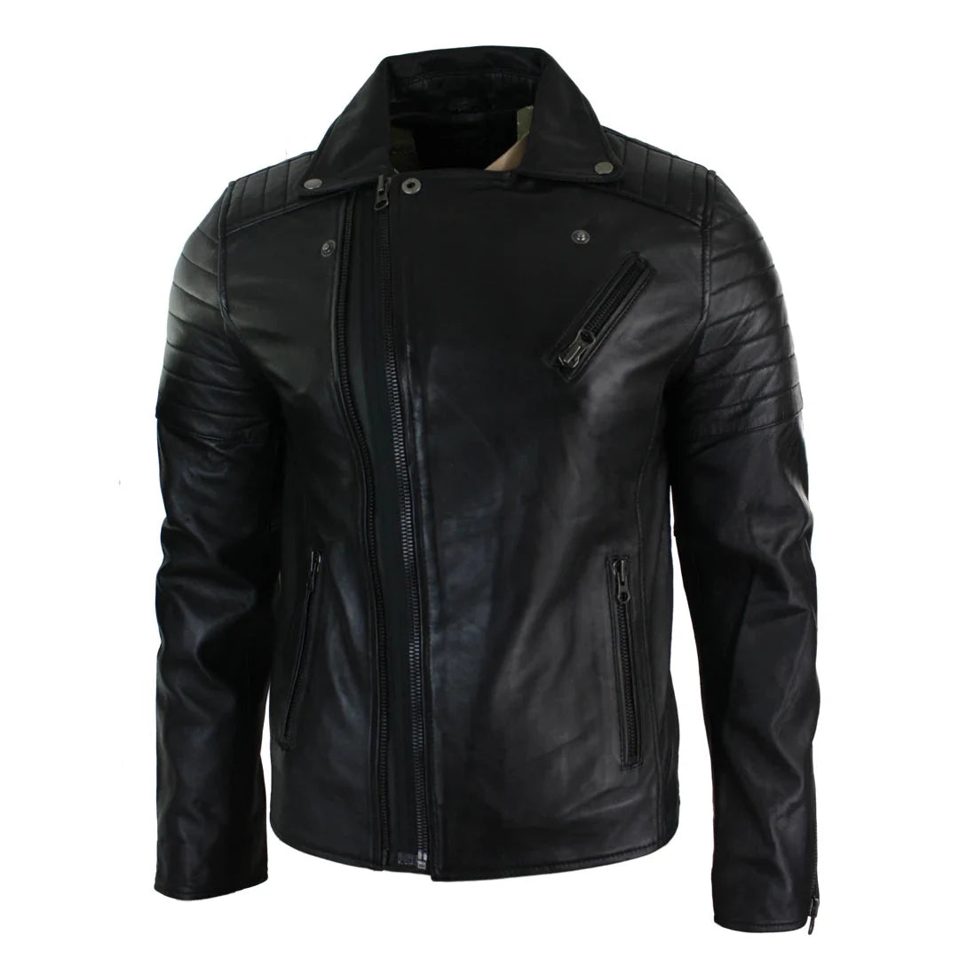 A black faux leather biker jacket with a mock neck, asymmetrical zipper, quilted shoulder panels, and diagonal chest pocket, shown on a plain white background.