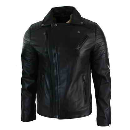 A black faux leather biker jacket with a mock neck, asymmetrical zipper, quilted shoulder panels, and diagonal chest pocket, shown on a plain white background.