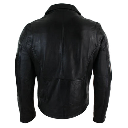 Black leather jacket shown from the back on a white background
