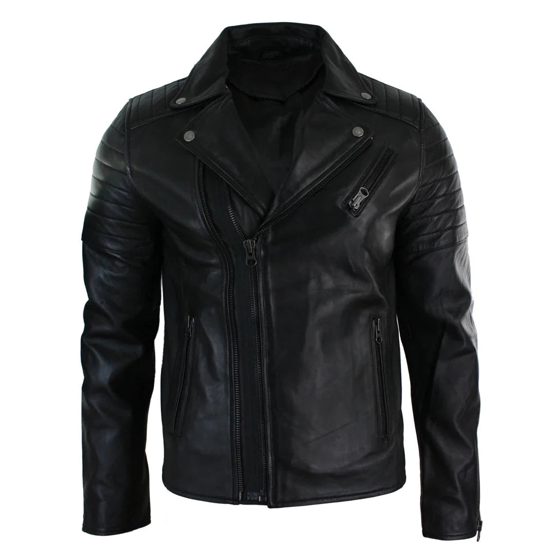 A black leather motorcycle jacket with a mock neck, asymmetrical zipper, quilted shoulder panels, and zippered side pockets, shown on a plain white background.
