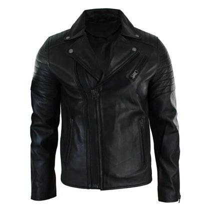 A black leather motorcycle jacket with a mock neck, asymmetrical zipper, quilted shoulder panels, and zippered side pockets, shown on a plain white background.