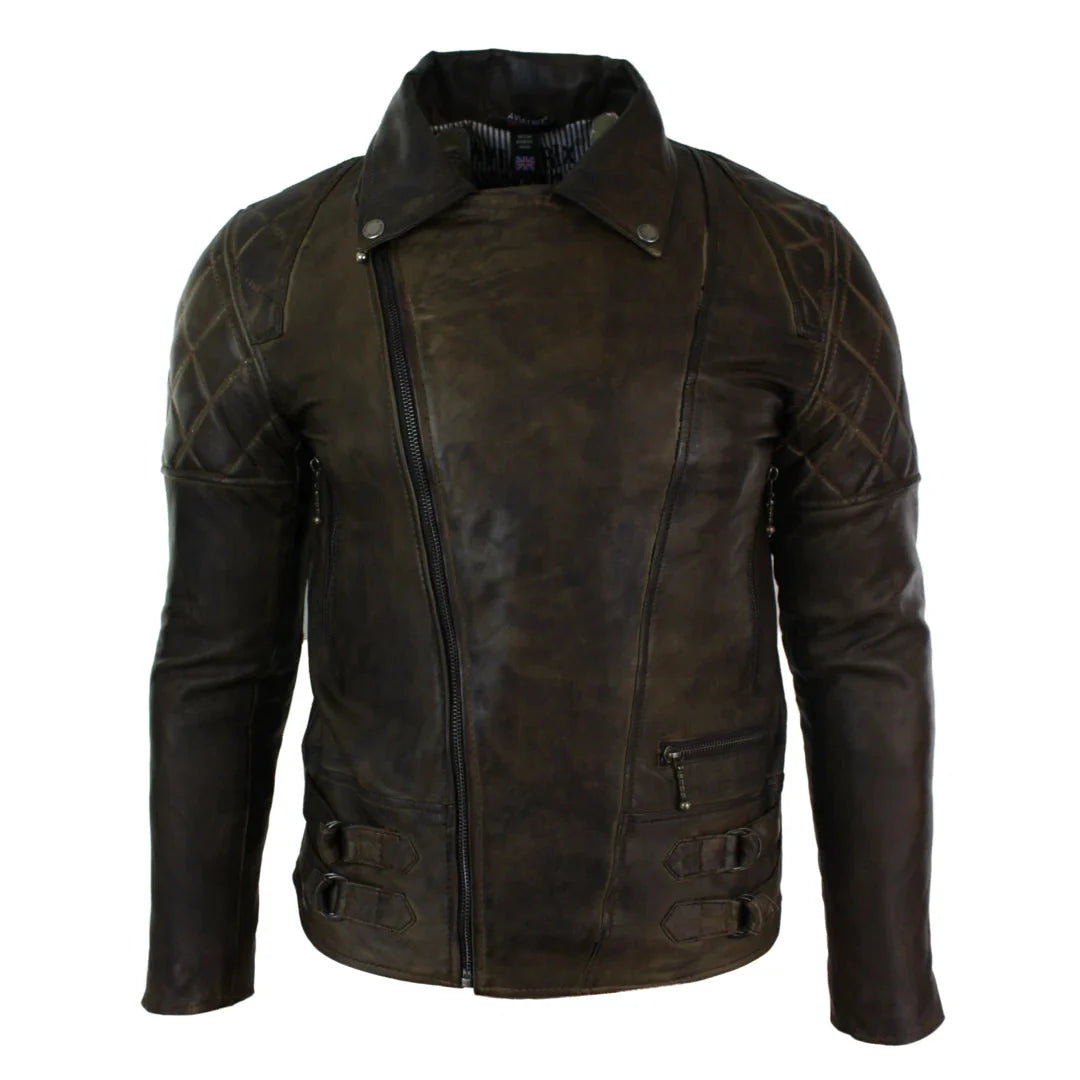Men's Cross Zip Brown Biker Punk Rock Leather Jacket