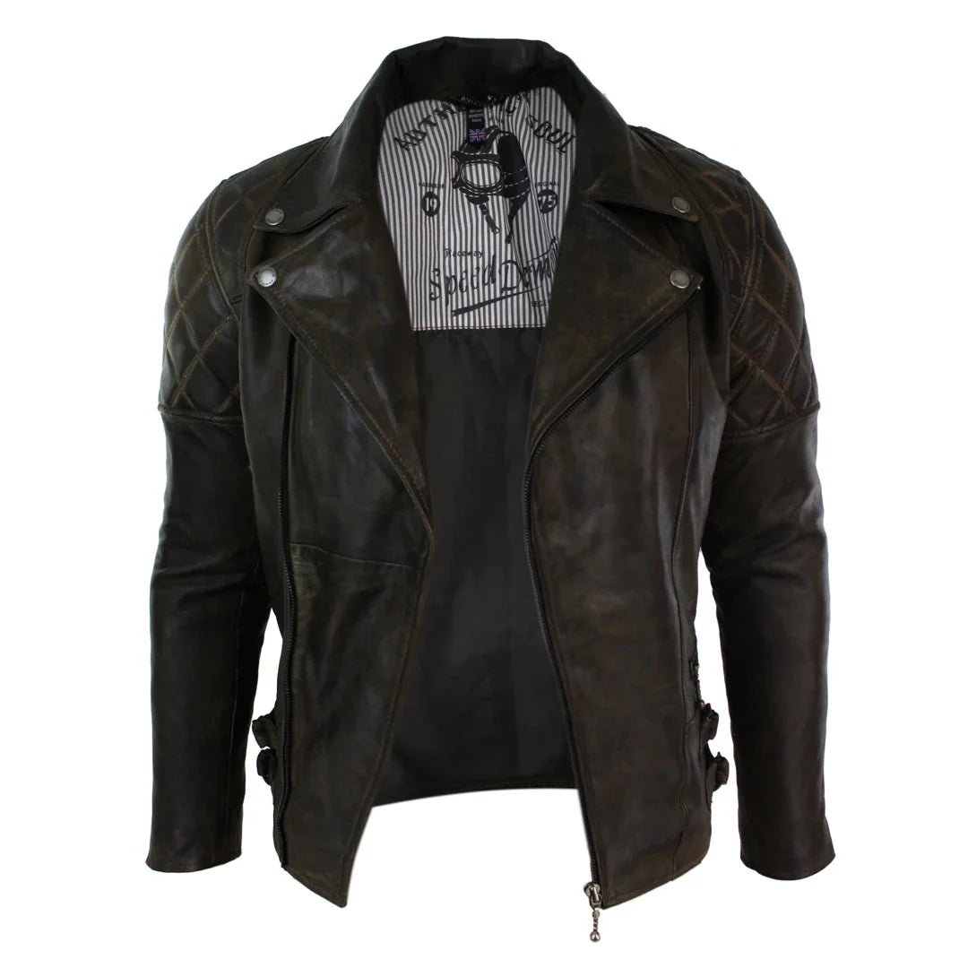 Men's Cross Zip Brown Biker Punk Rock Leather Jacket