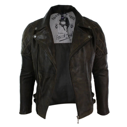 Men's Cross Zip Brown Biker Punk Rock Leather Jacket