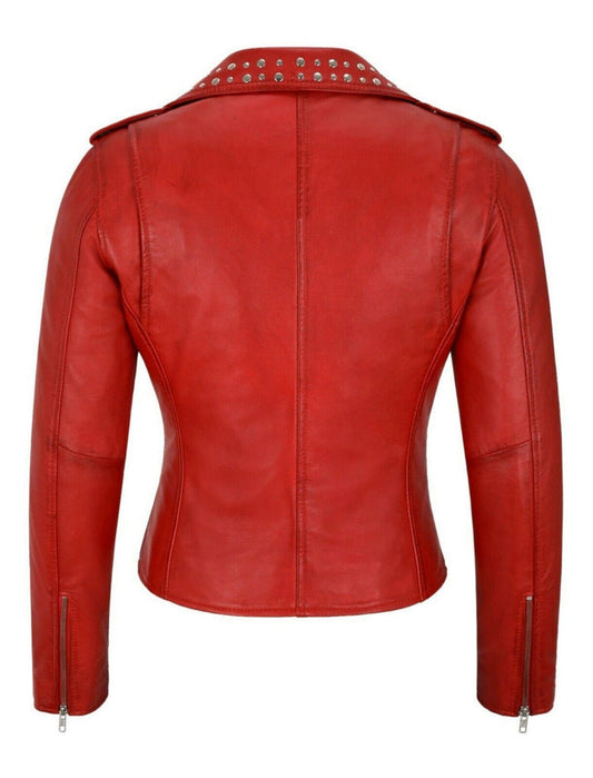 Women Red Rivet Studded Leather Biker Motorcycle Leather Jacket