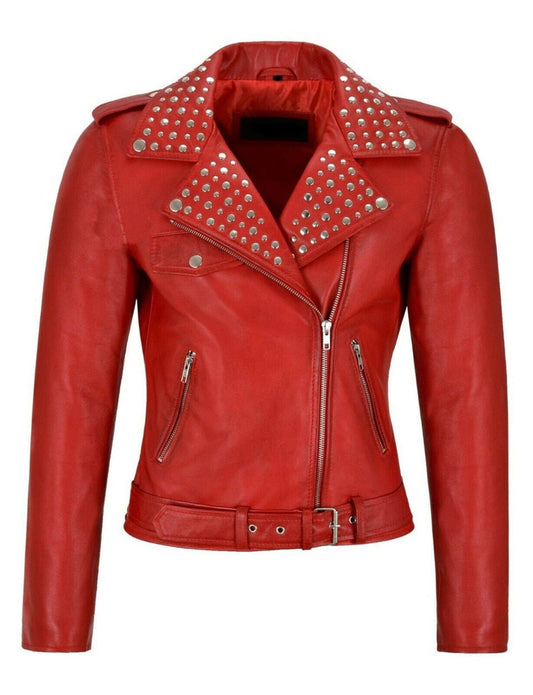 Women Red Studded Leather Biker Jacket