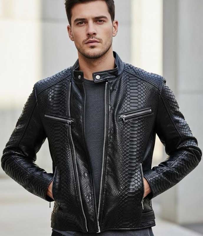 MensBlackSnakePatternLeatherBikerJacket