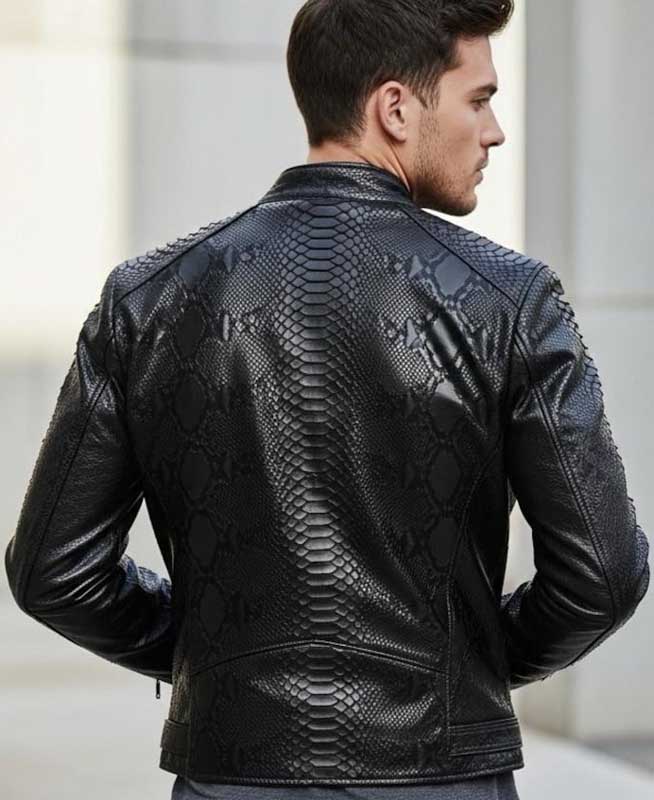 MensBlackSnakePatternLeatherBikerJacket