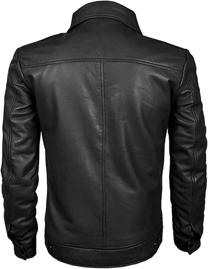 Black Leather Shirt for Men made from genuine leather with slim fit design, premium stitching, and modern stylish fashion look.