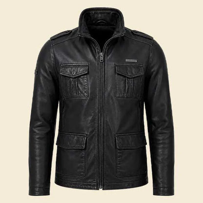 Mens Brad Black Leather Jacket in Real Leather with Zip Up