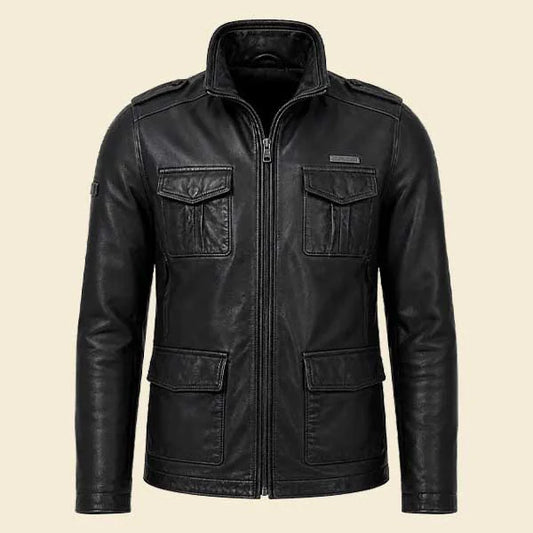 A black leather jacket with a stand-up collar, front zipper, and four flap pockets, shown against a solid light beige background.