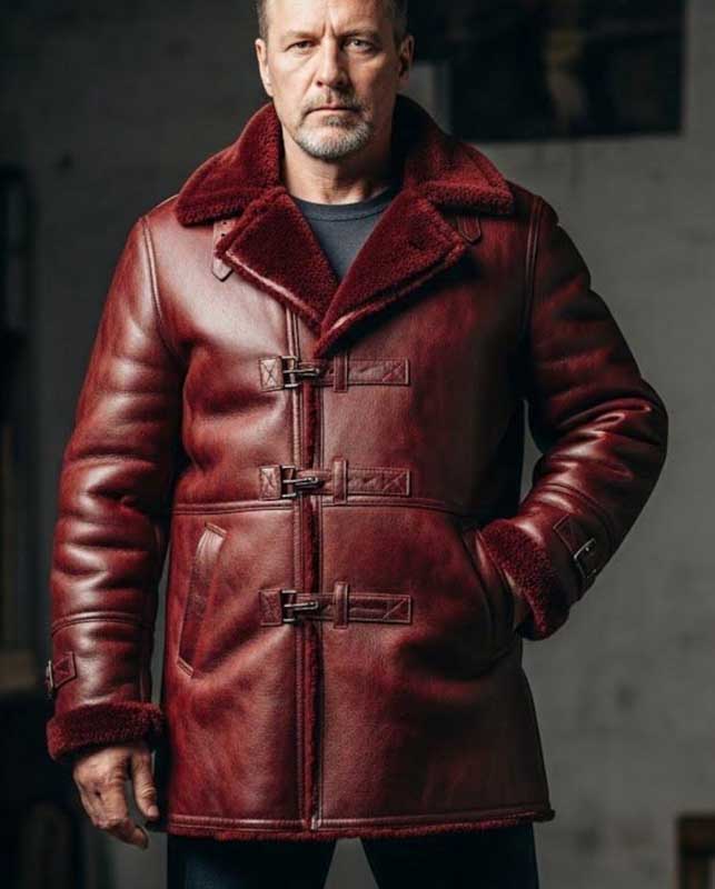 Mens Burgundy Shearling Leather Coat
