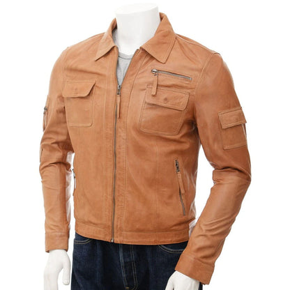 A tan leather jacket displayed on a white mannequin torso with dark blue jeans against a plain white background.