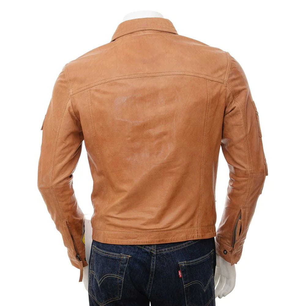 A tan leather jacket shown from the back on a mannequin wearing dark blue jeans, against a plain white background.