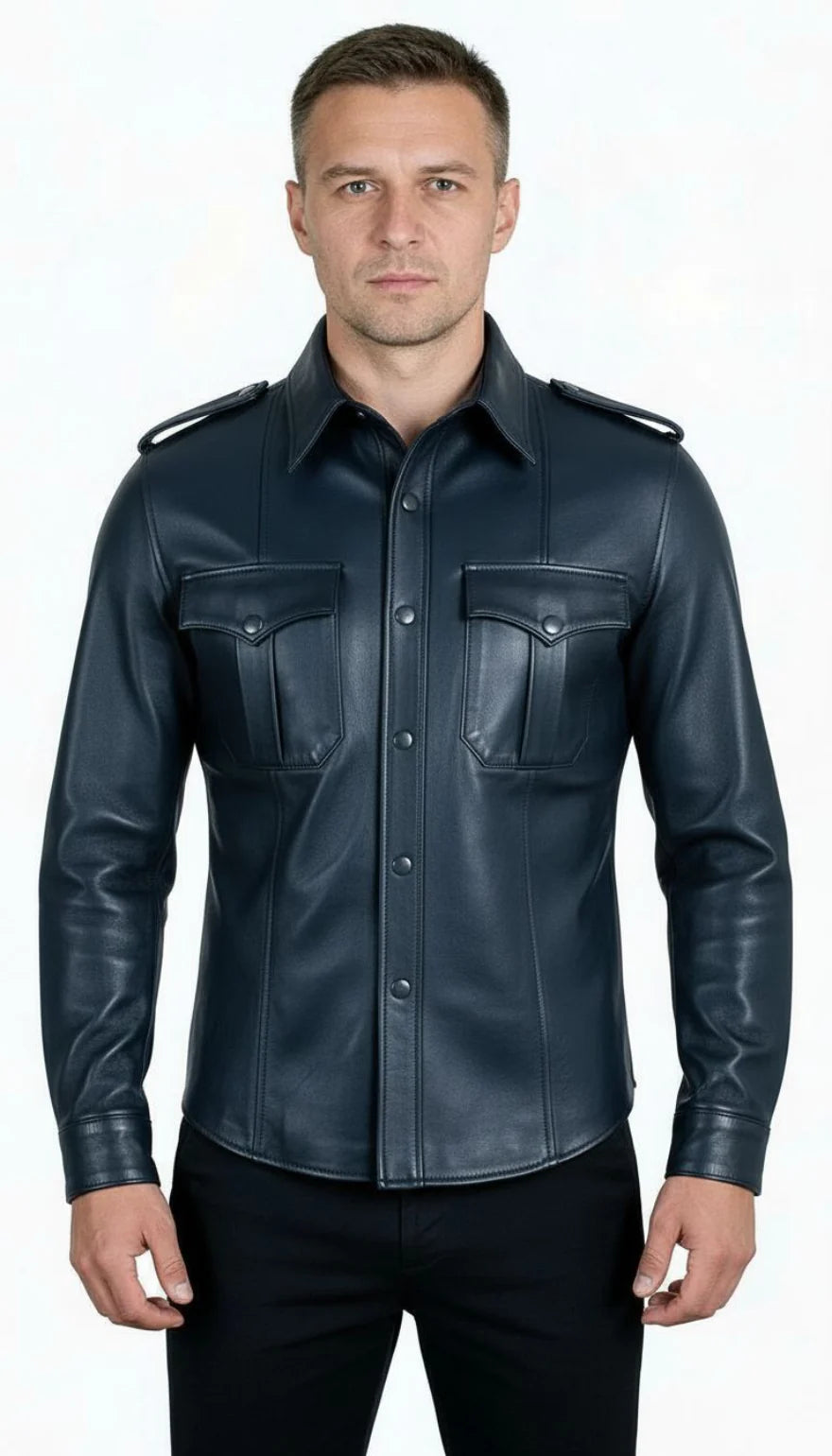 Mens Navy Leather Uniform Shirt made from genuine leather with slim fit design, uniform-style structure, and premium modern fashion look.