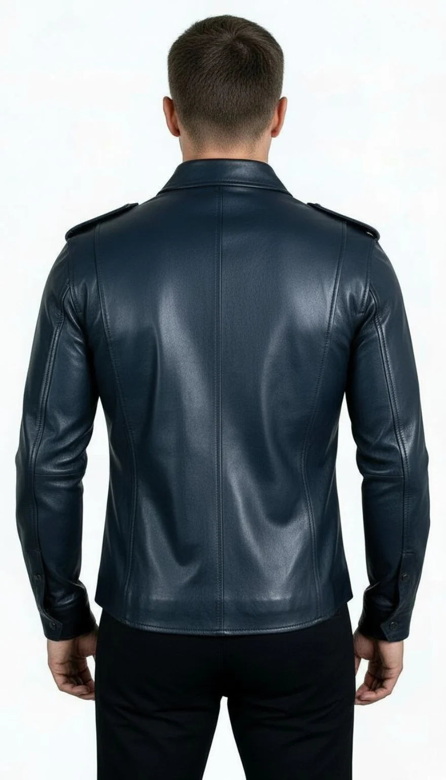 Mens Navy Leather Uniform Shirt made from genuine leather with slim fit design, uniform-style structure, and premium modern fashion look.