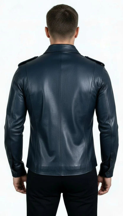 Mens Navy Leather Uniform Shirt made from genuine leather with slim fit design, uniform-style structure, and premium modern fashion look.